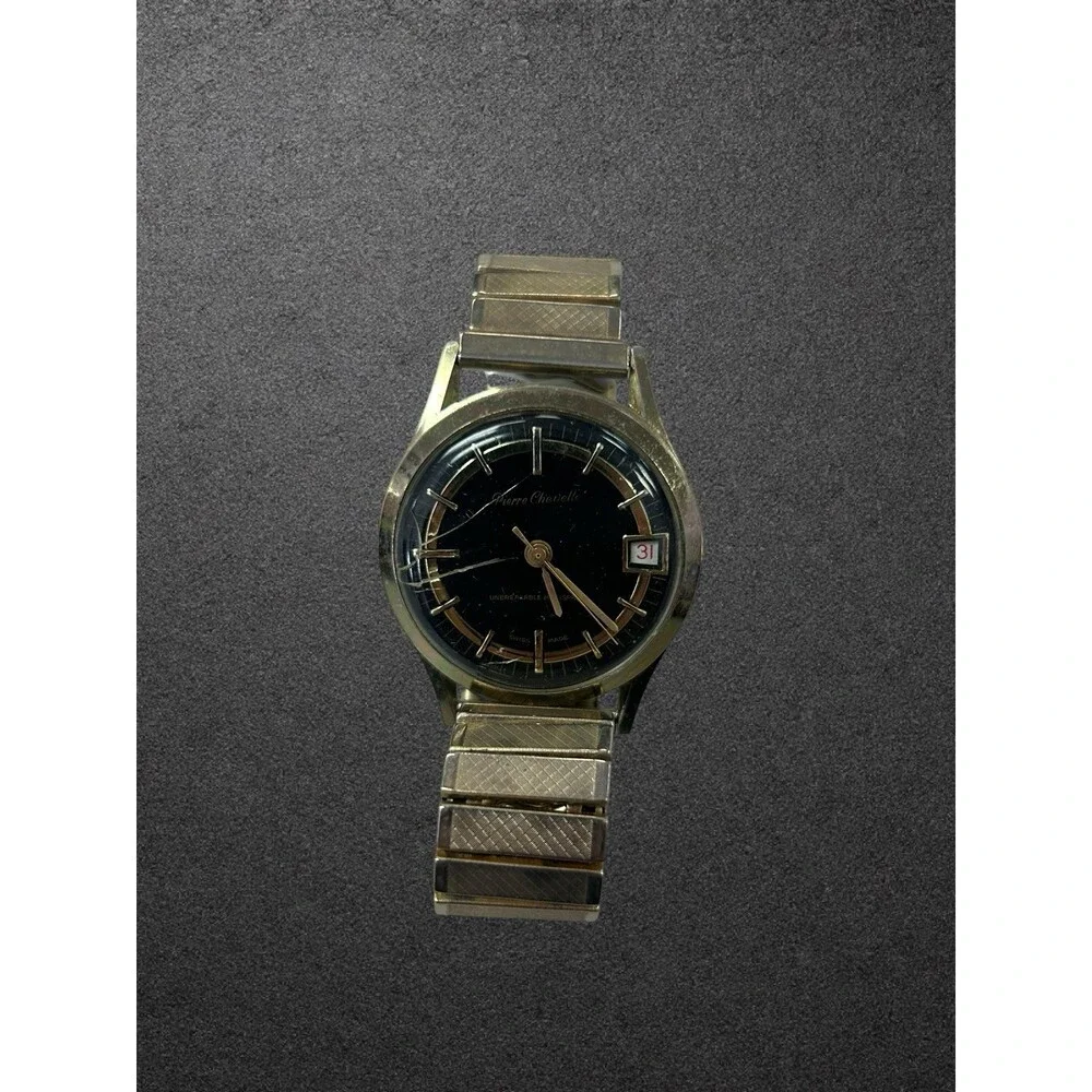 Vintage Pierre Chevelle Swiss Mechanical Watch Black Dial Gold Tone For Parts